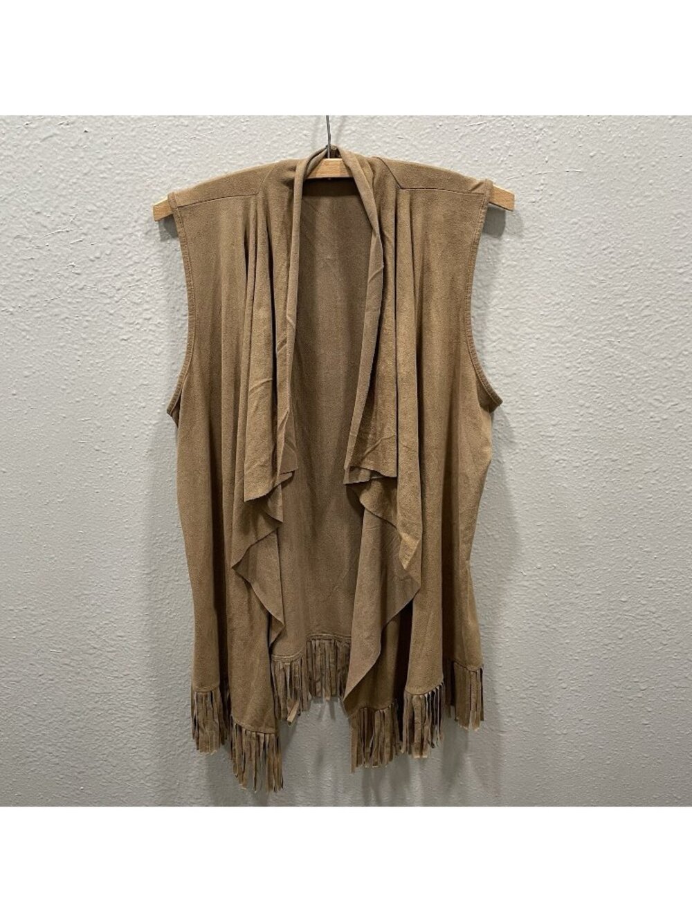 Kim&Cami Long Fringe Camel Brown Jersey Open Front Hippie Wester Vest Size M